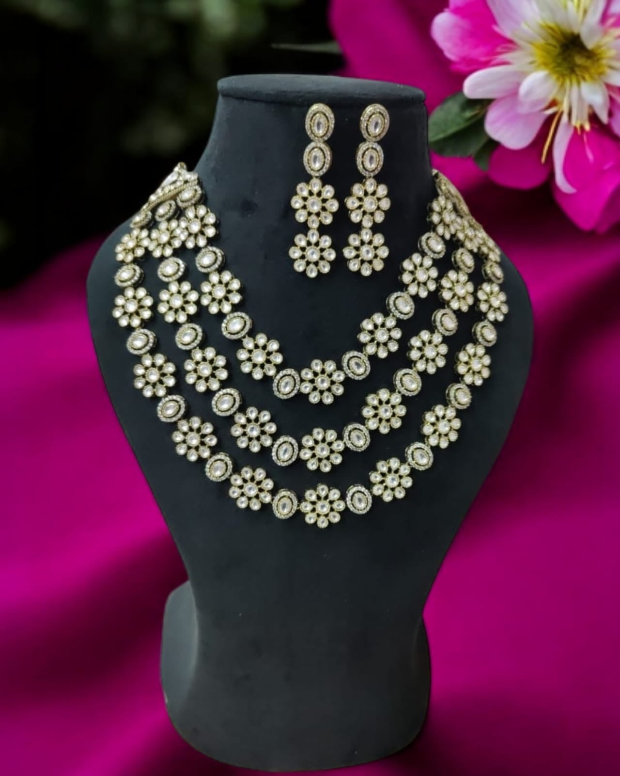 3 layer polki necklace set with flower motif
