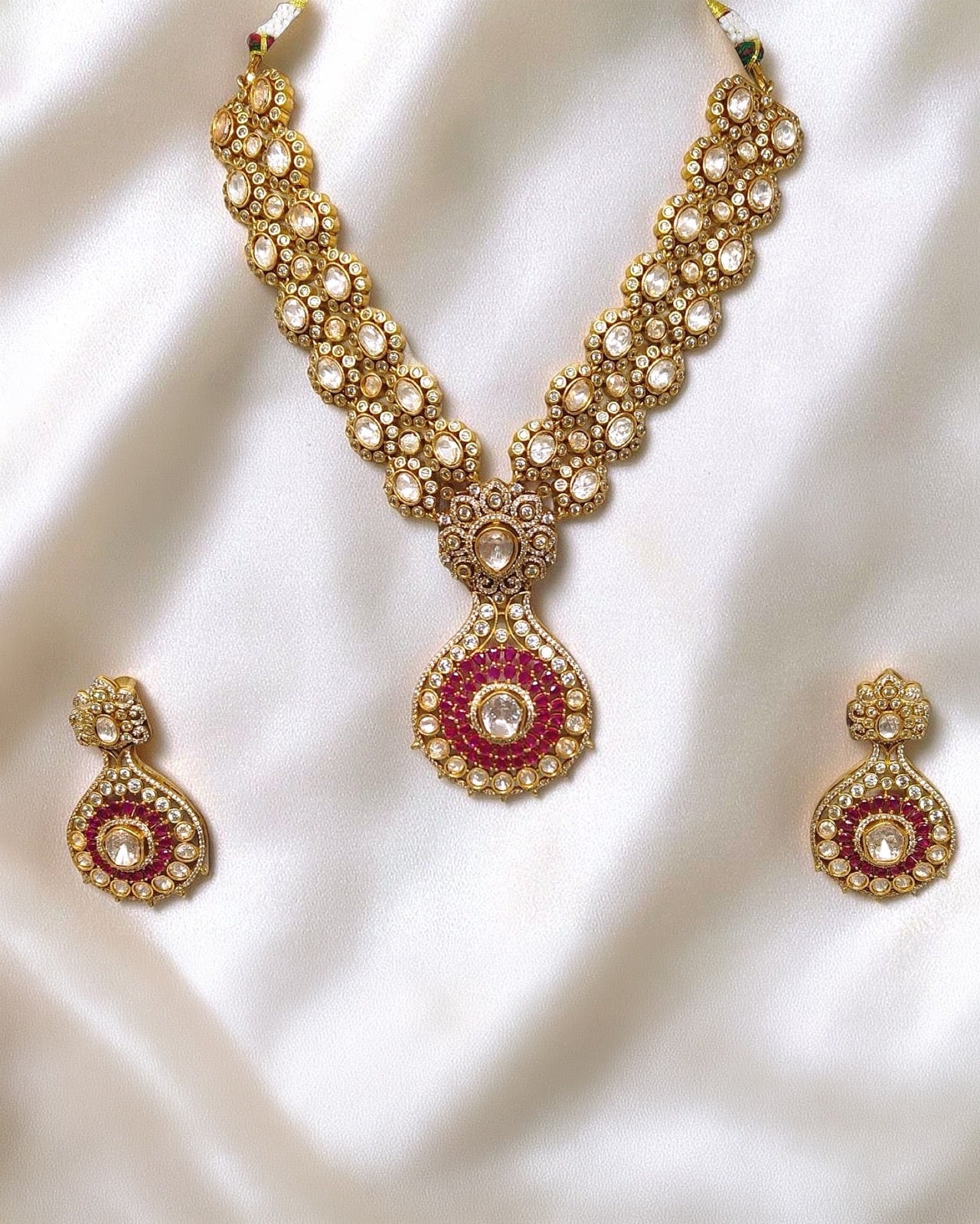Pink Golden Polki Necklace Set