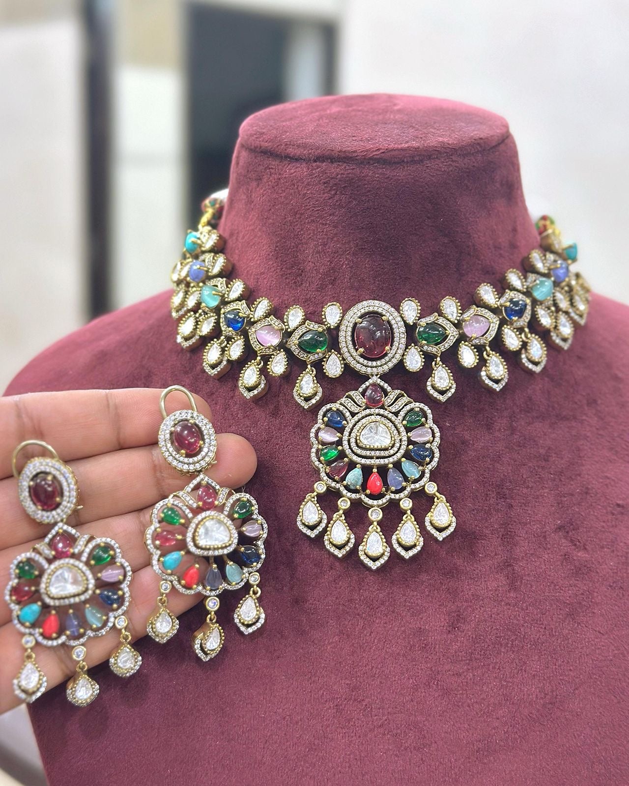 Multicolour Polki Necklace Set