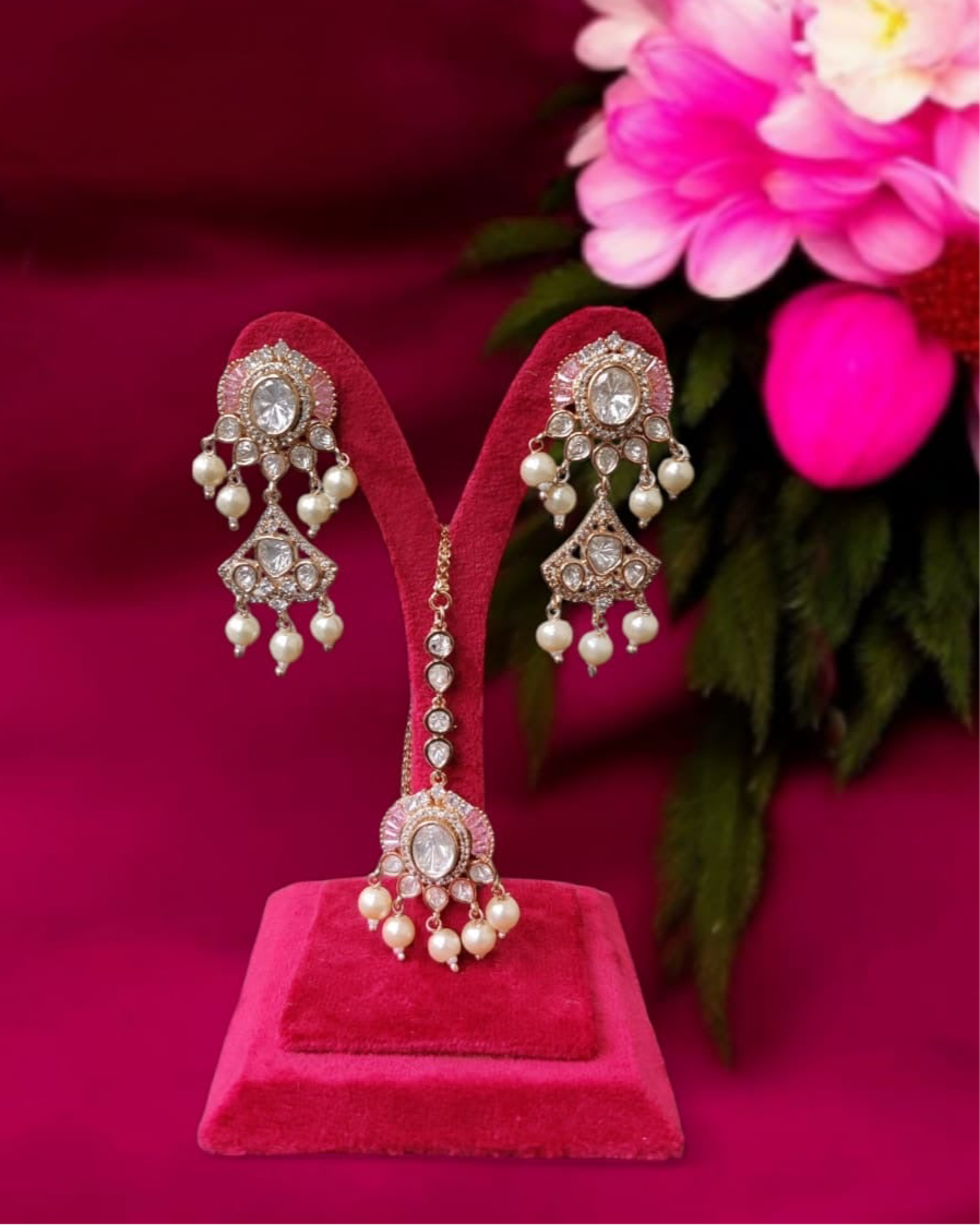 Peach Earrings with Maang Tika