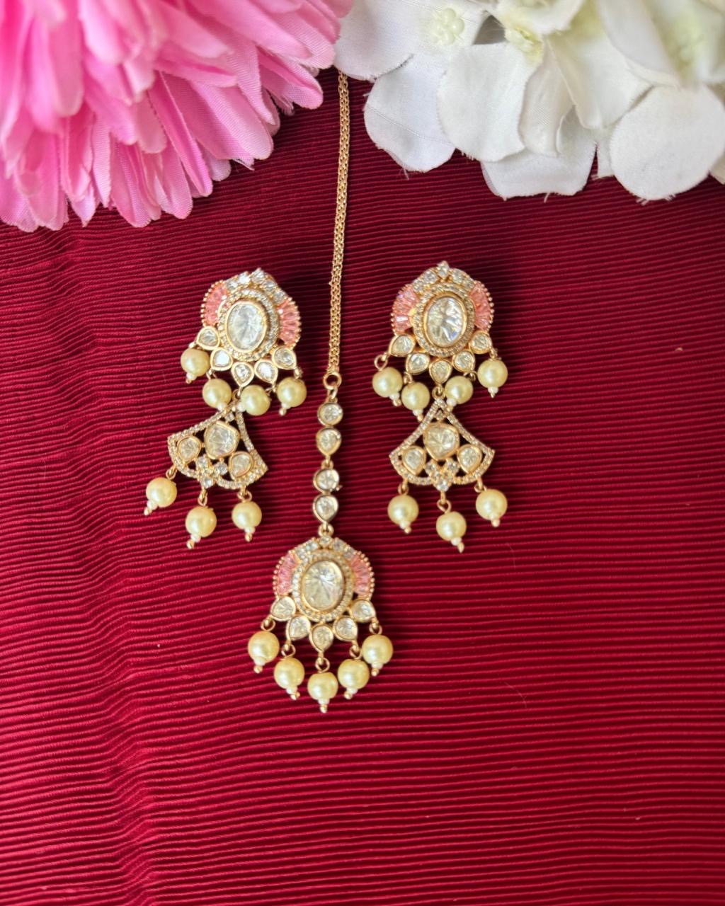 Peach Earrings with Maang Tika