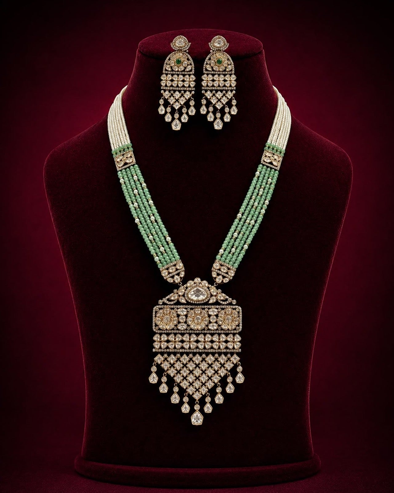 Long Mint Kundan Necklace Set