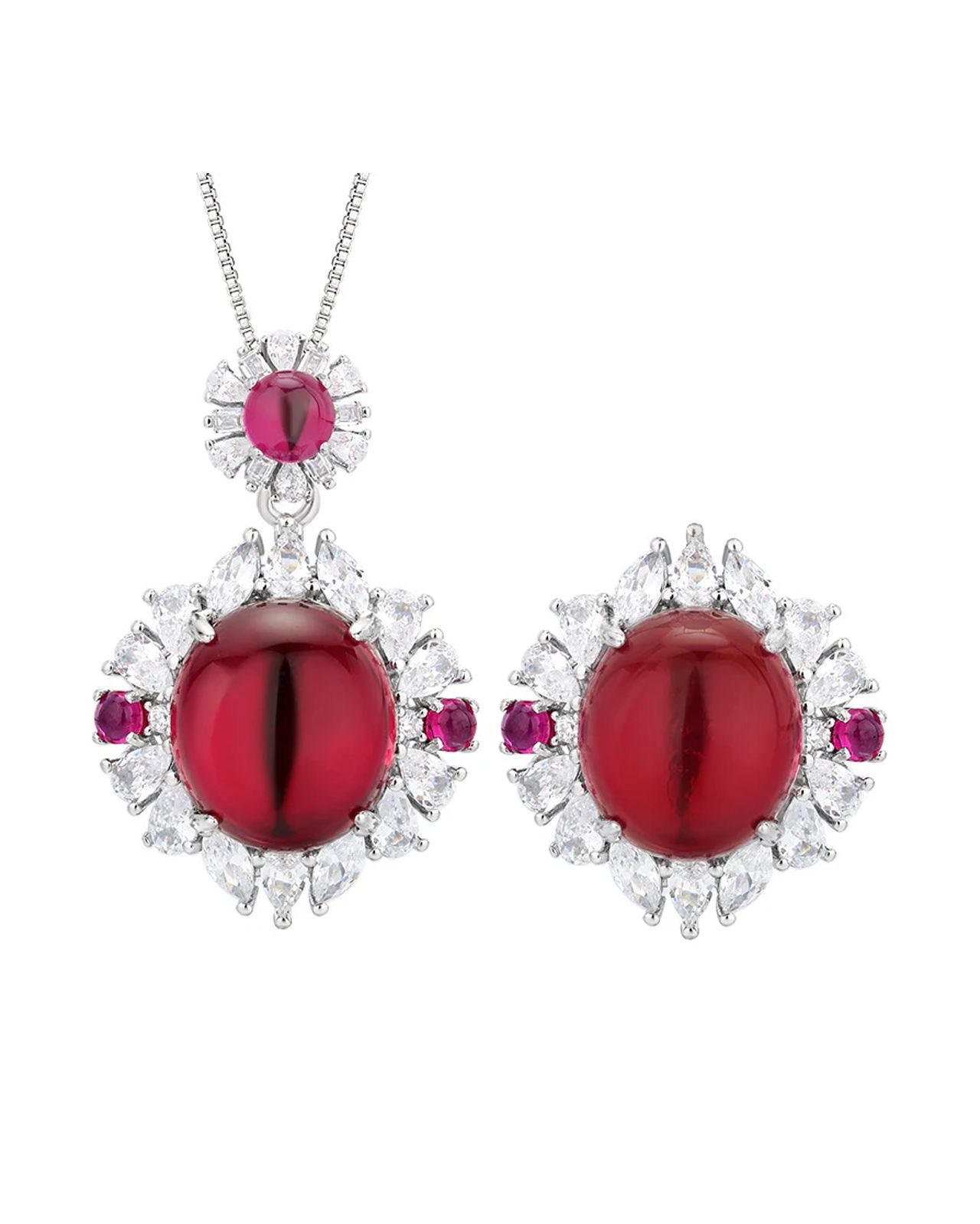 Oval Flower Red Gemstone Silver Pendant Chain Ring Set