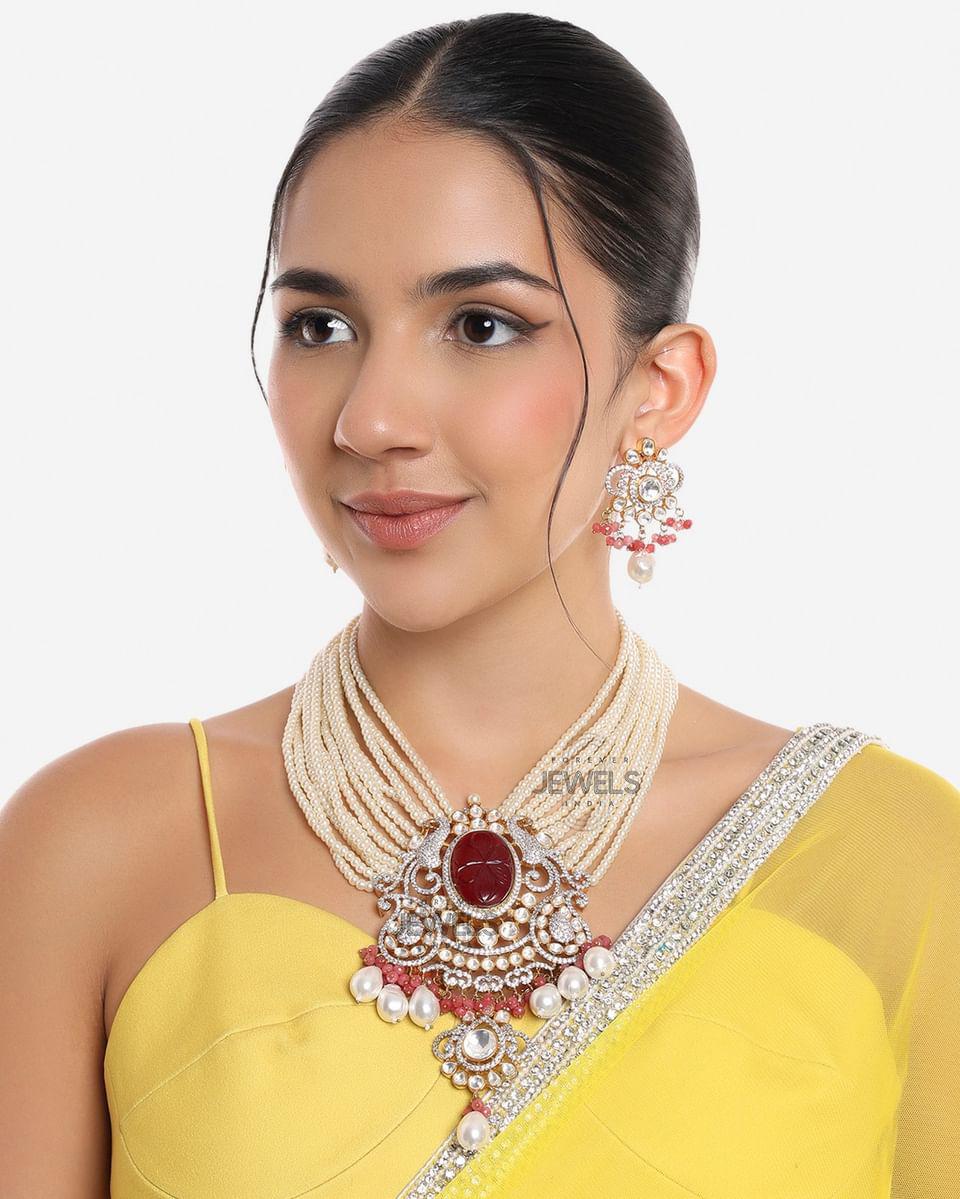 Pearl Necklace with ruby stone for royal social event