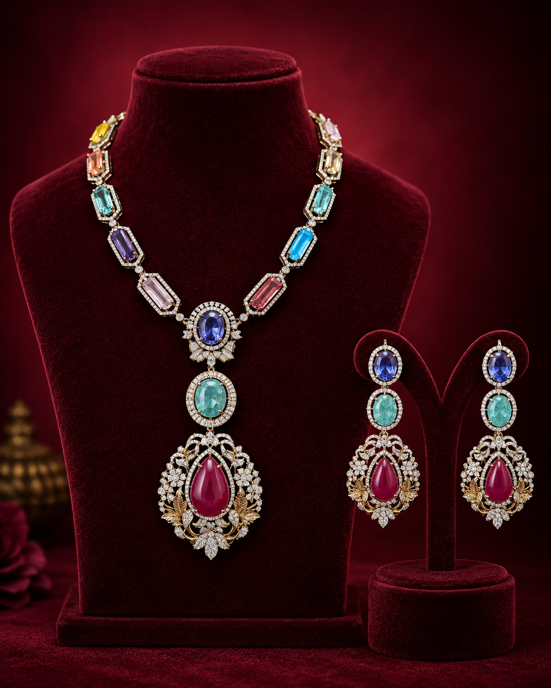 This set includes a necklace and matching earrings featuring multicolor gemstones, designed to provide coordinated accentuation for formal and casual attire. The varied gemstone hues allow versatility in styling with diverse color palettes