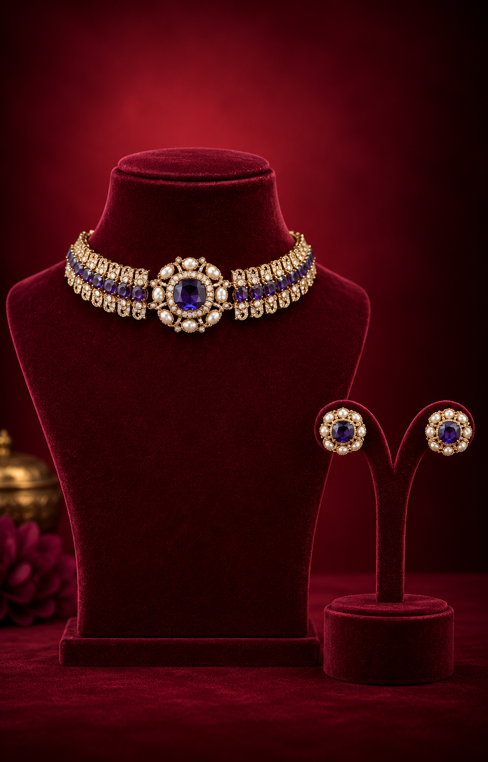 The Royal Purple Choker Set features high-quality sapphires known for their deep violet hue, offering durability and consistent color retention. This set provides a sophisticated accessory option suitable for formal occasions