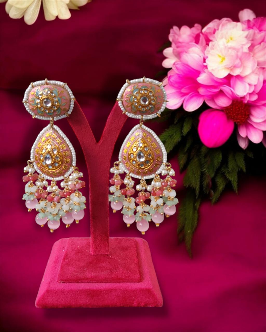Pink Beads Kundan Earrings