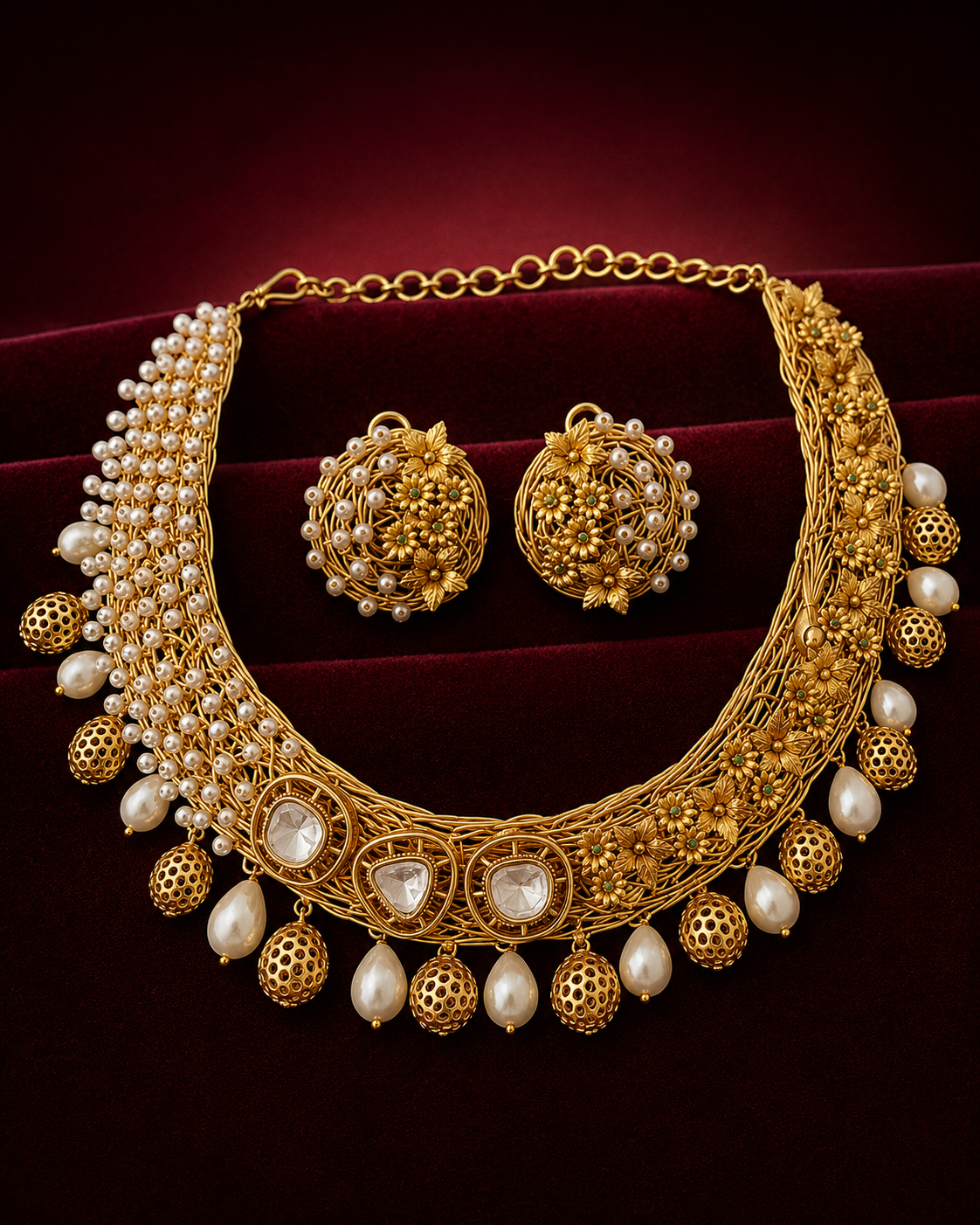 Pearl Golden Kundan Necklace Set