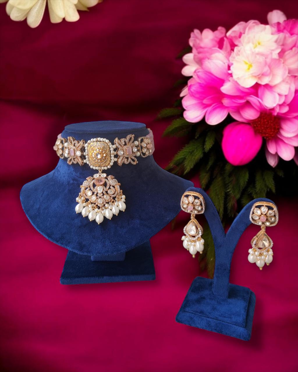 Pink Pearl Polki Choker Necklace Set