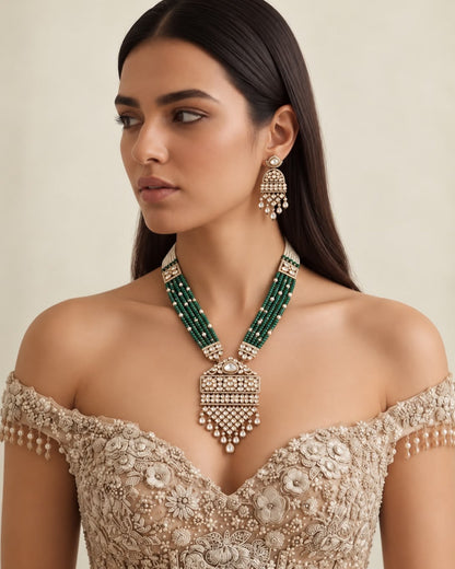 Long Emerald Kundan Necklace Set