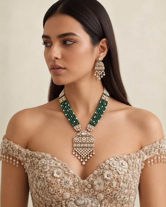 Long Emerald Kundan Necklace Set