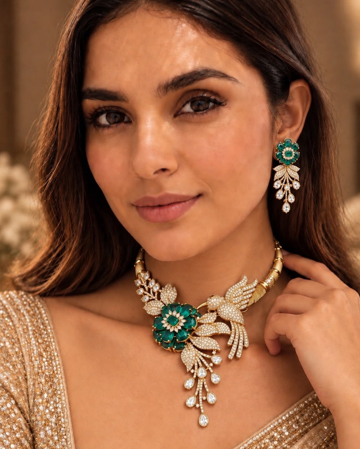 Emerald Floral Bird Statement Necklace Set