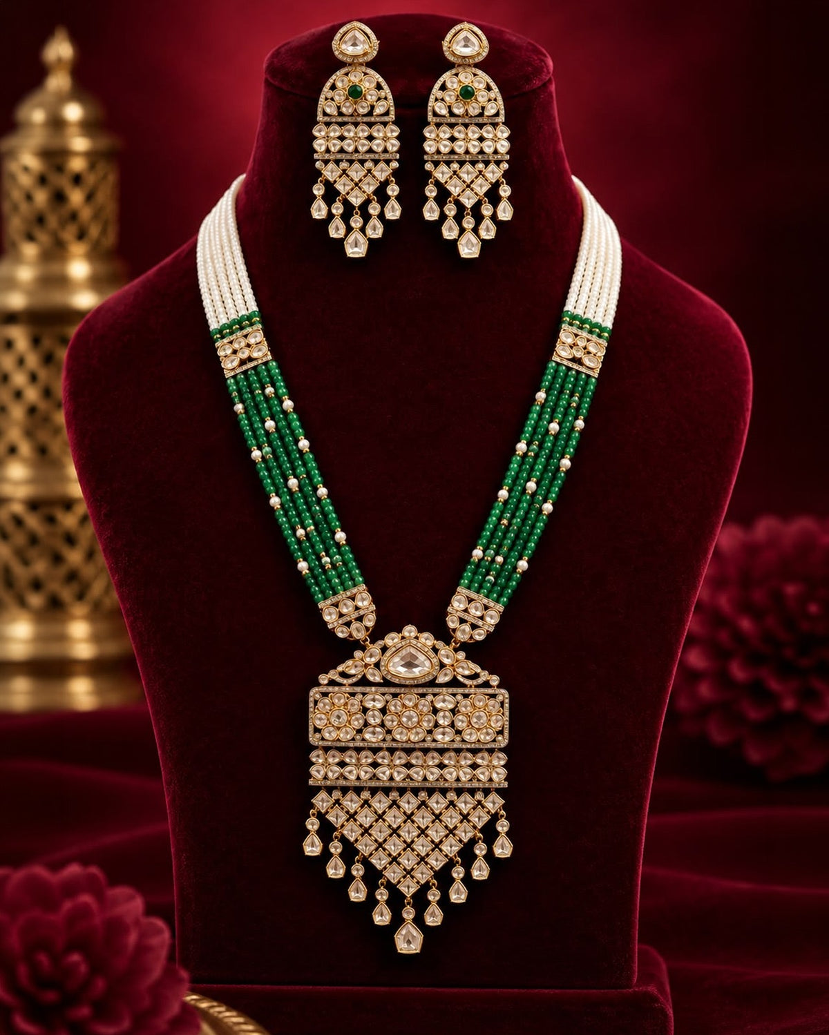 Long Emerald Kundan Necklace Set