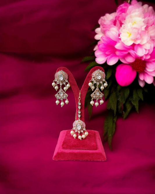 Peach Earrings with Maang Tika