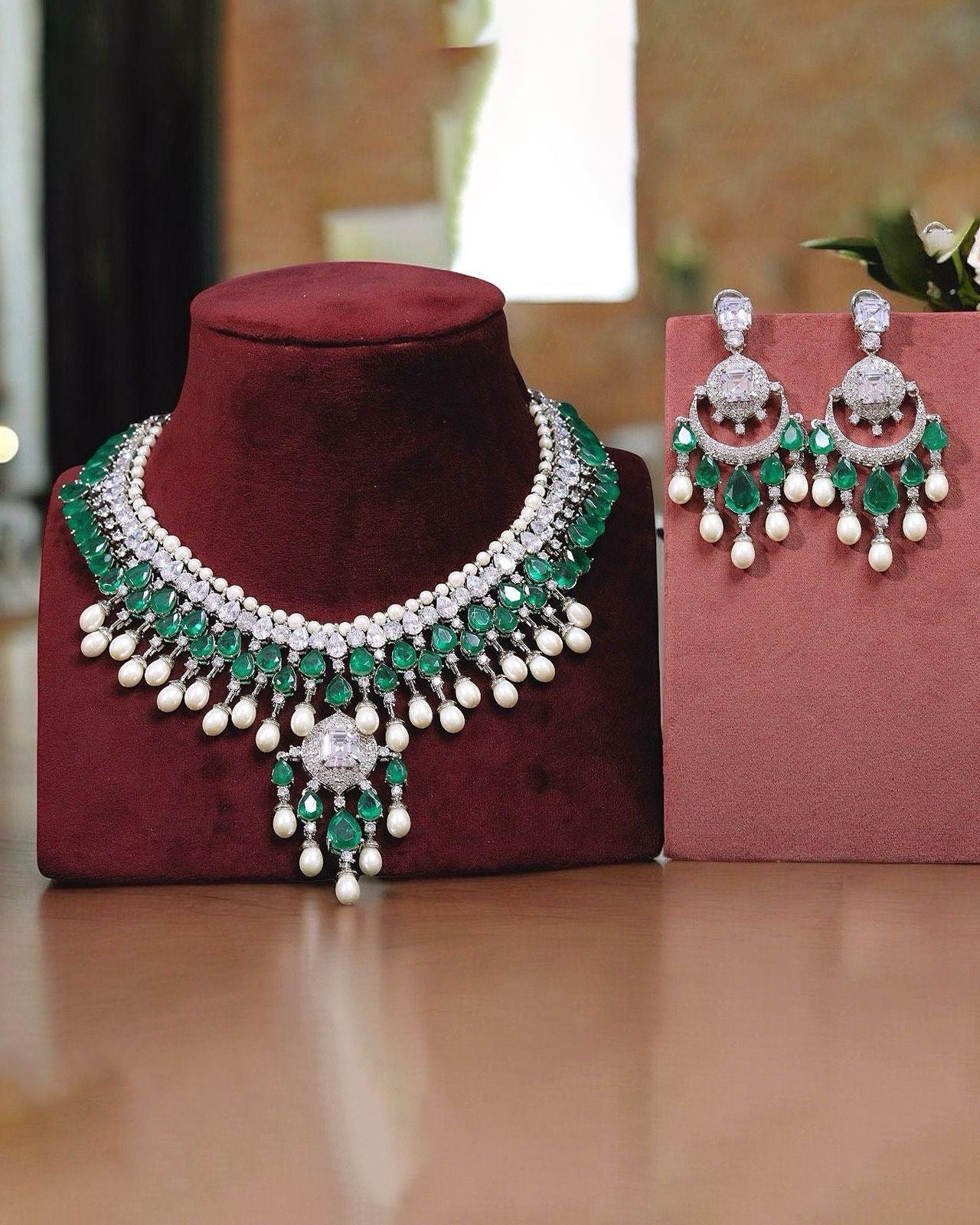 Radhika Inspired Emerald Pearl Necklace Set