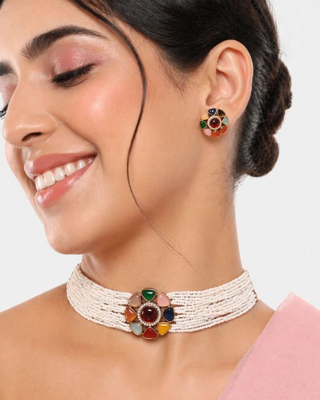 Multicolor Pearl Beads Choker Set
