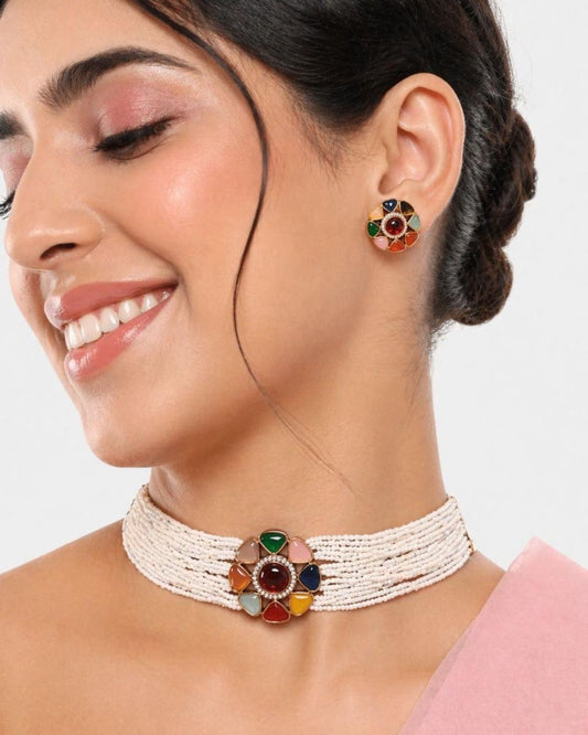 Multicolor Pearl Beads Choker Set