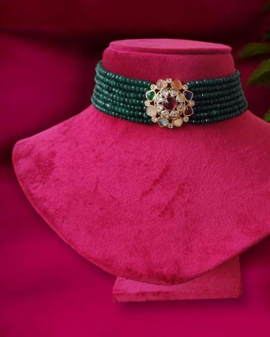 Green Beads with Multicolor Choker Set