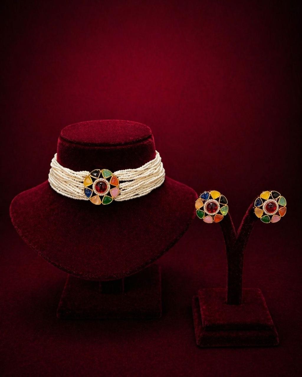 Multicolor Pearl Beads Choker Set