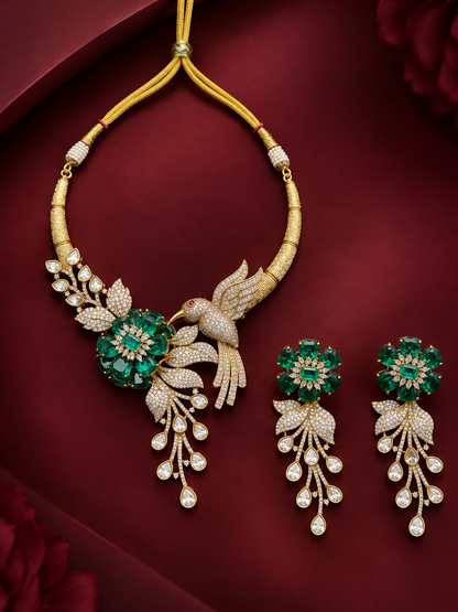 Emerald Floral Bird Statement Necklace Set