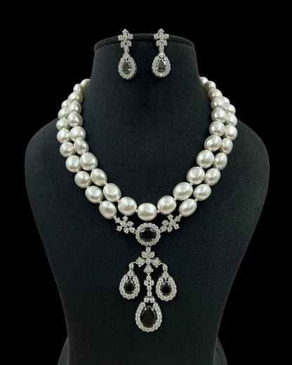 Pearl and Diamond Necklace and Earrings Set