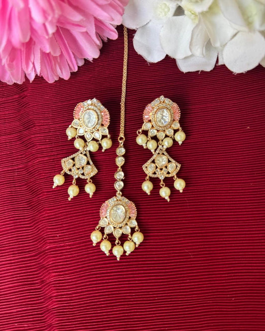 Peach Earrings with Maang Tika