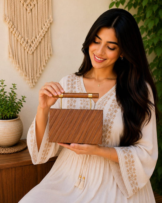 Regal Bloom Wooden Clutch