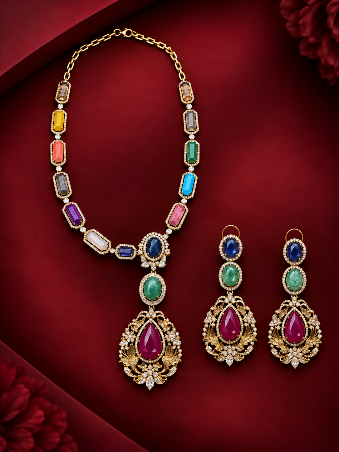 Multicolor Gemstone Statement Necklace Set