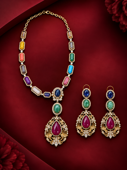 Multicolor Gemstone Statement Necklace Set