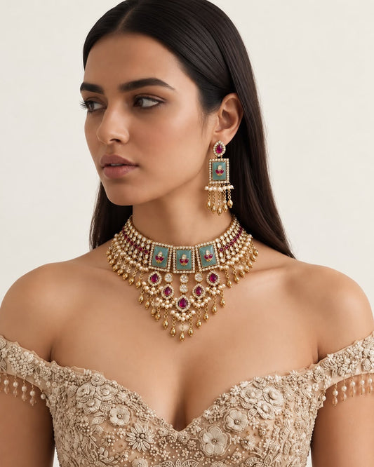 Royal Ruby Diya Kundan Choker Set