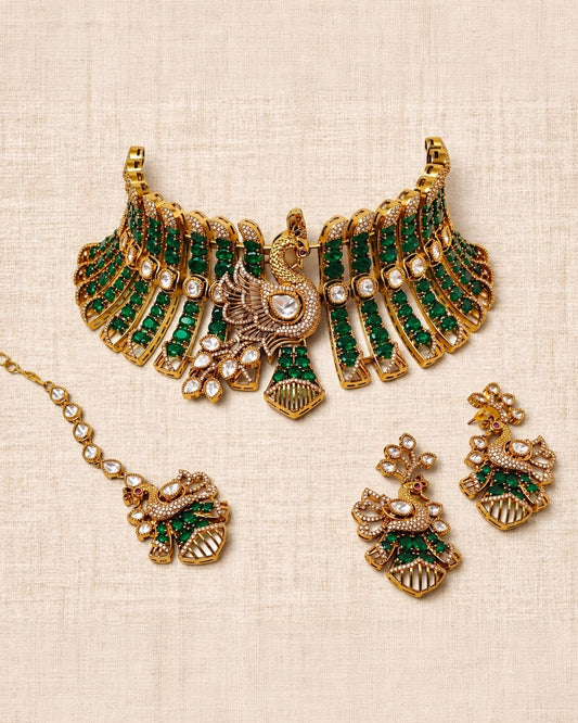 Emerald Bird Kundan Necklace Set