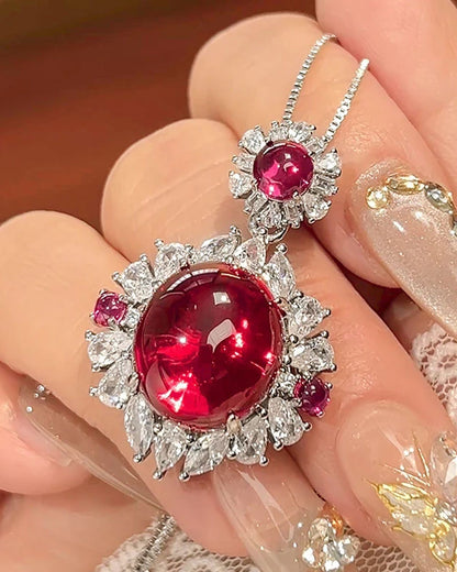 Oval Flower Red Gemstone Silver  Pendant Chain Ring Set