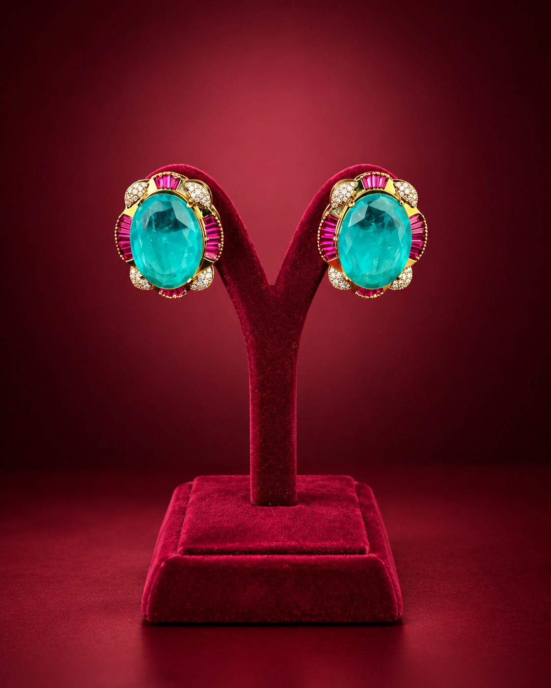 Turquoise Emerald & Ruby Floral Stud Earrings