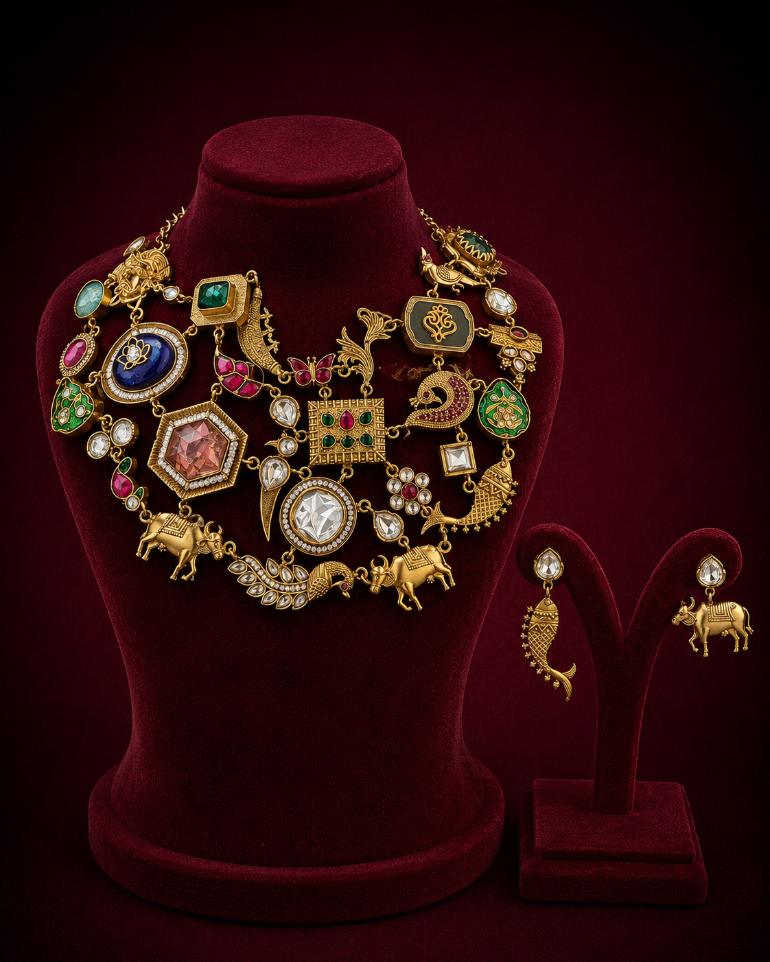 Boho style Indo-Western necklace set with intricate gold-tone detailing and colorful gemstone accents, designed for a statement ethnic look.