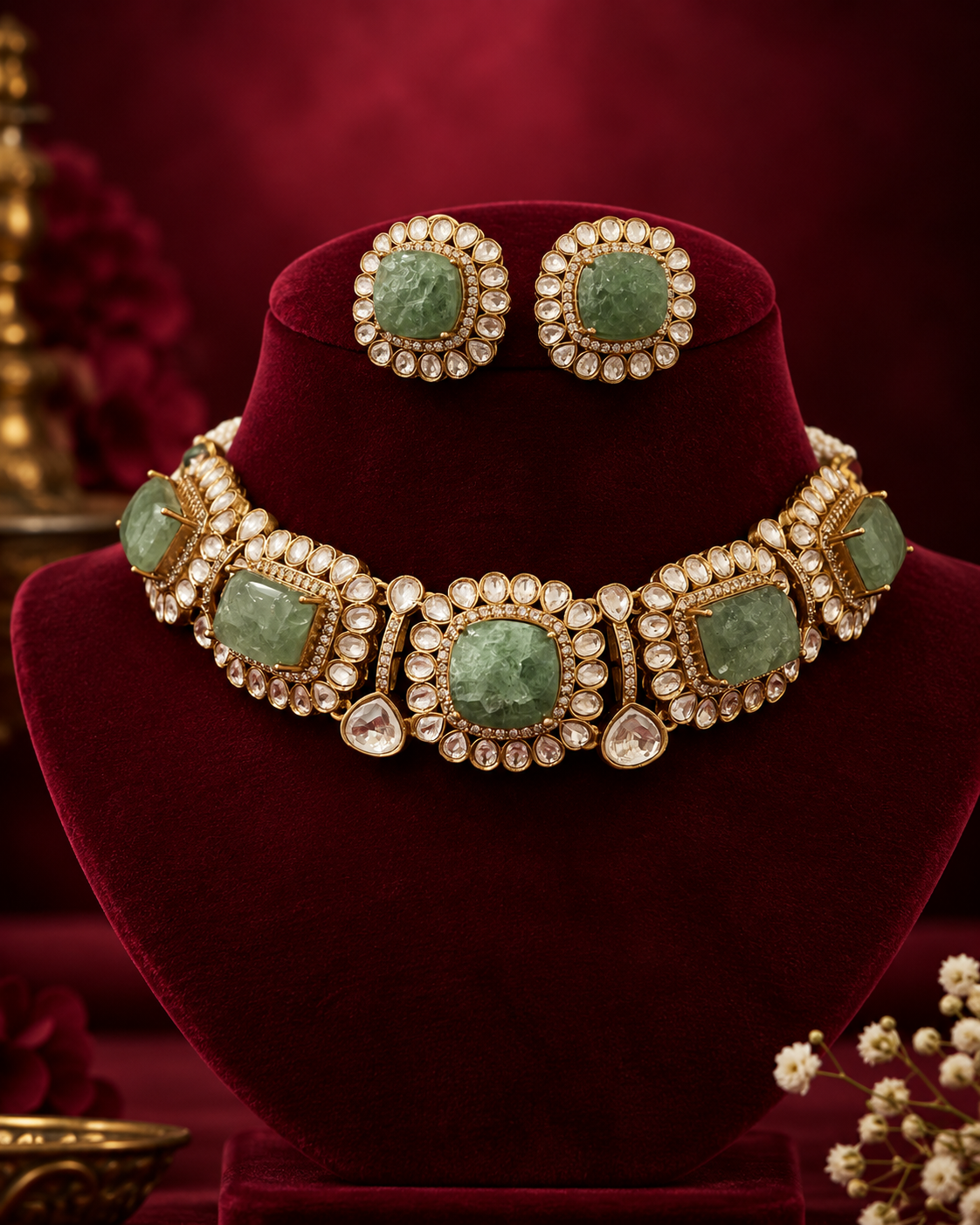 Mint Kundan Polki Choker Necklace Set
