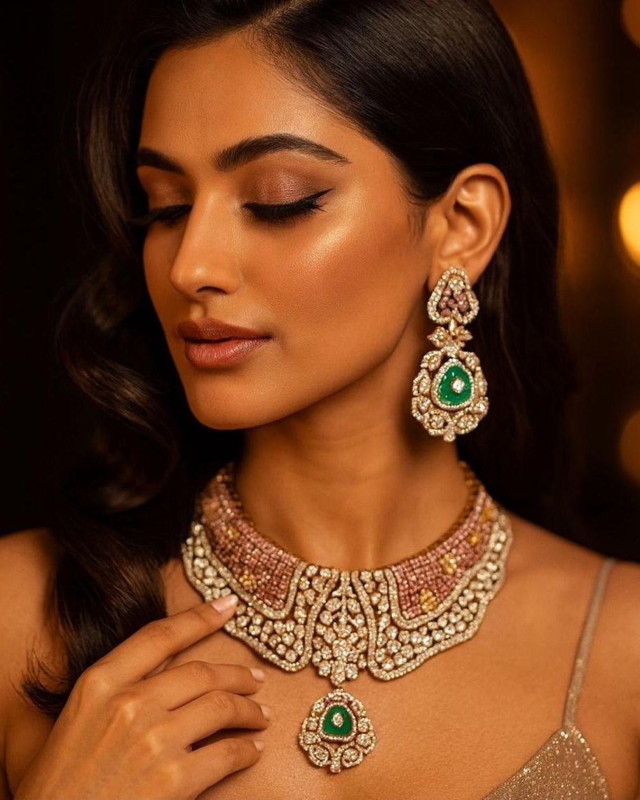 Designer Collar Style Necklace Set with an elegant, statement-making design featuring intricate craftsmanship and a matching pair of earrings. Perfect for weddings, festive occasions, parties, and traditional celebrations, this stylish jewelry set adds a luxurious touch to both ethnic and fusion outfits.