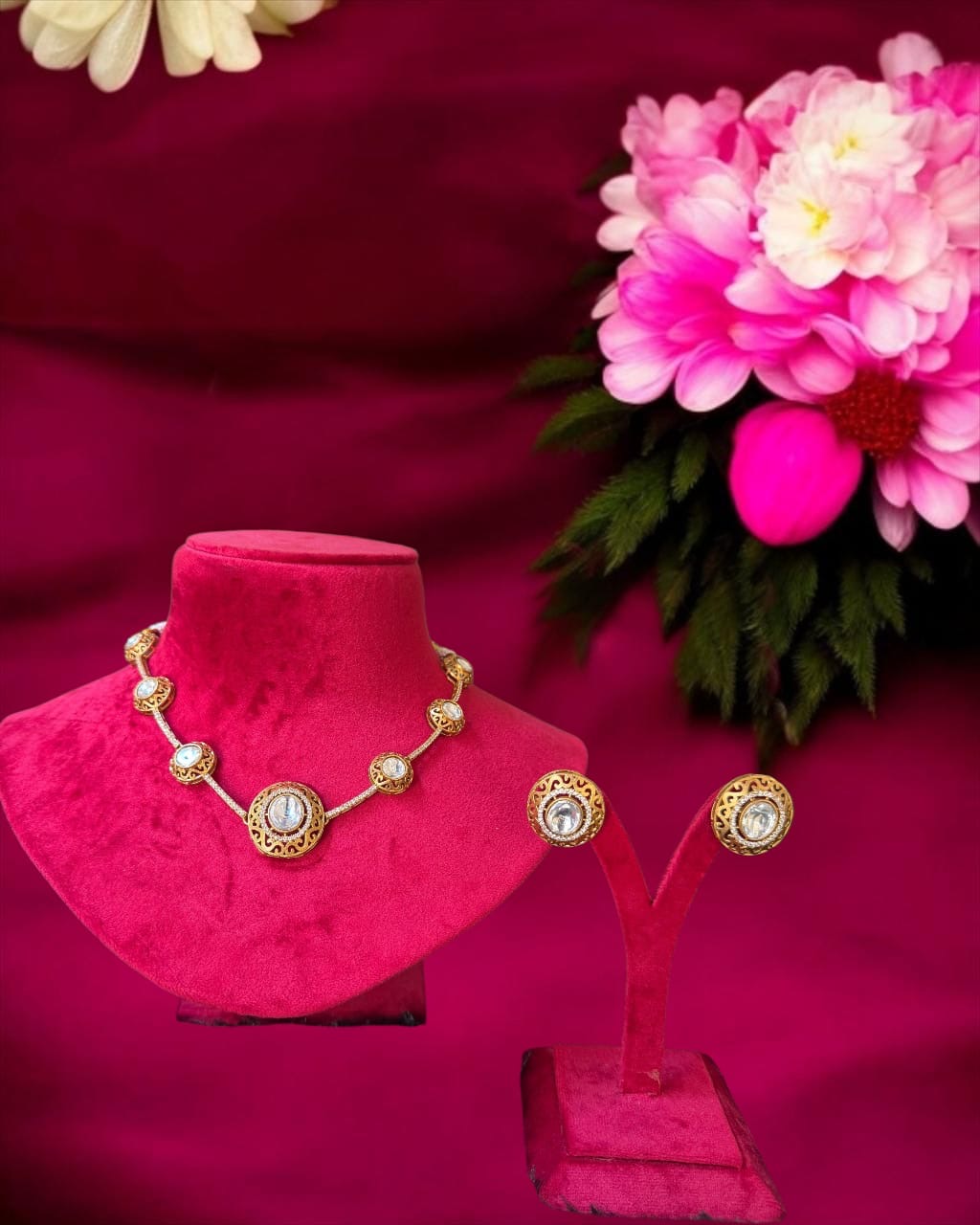 Elegant Polki Beauty Necklace Set adorned with shimmering uncut Polki stones and intricate craftsmanship. This timeless statement jewellery set includes matching earrings, making it perfect for weddings, festive occasions, bridal celebrations, and elegant ethnic looks.