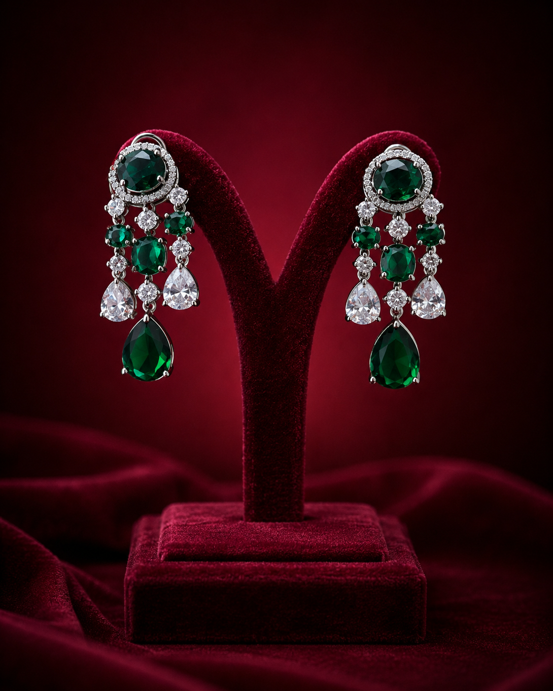 A pair of dramatic drop earrings with large oval green emerald-cut stones, smaller round green and clear stones, and teardrop-shaped green drops 