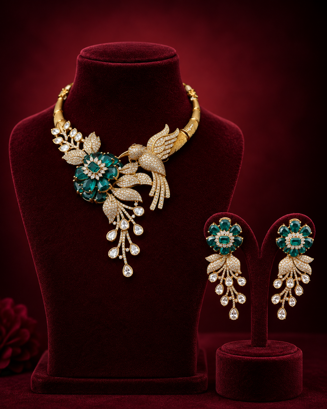 The Emerald Floral Bird Statement Necklace Set features detailed craftsmanship combining floral and avian motifs with emerald-toned elements, offering a visually striking accessory that enhances formal attire through its balanced design and color contrast.