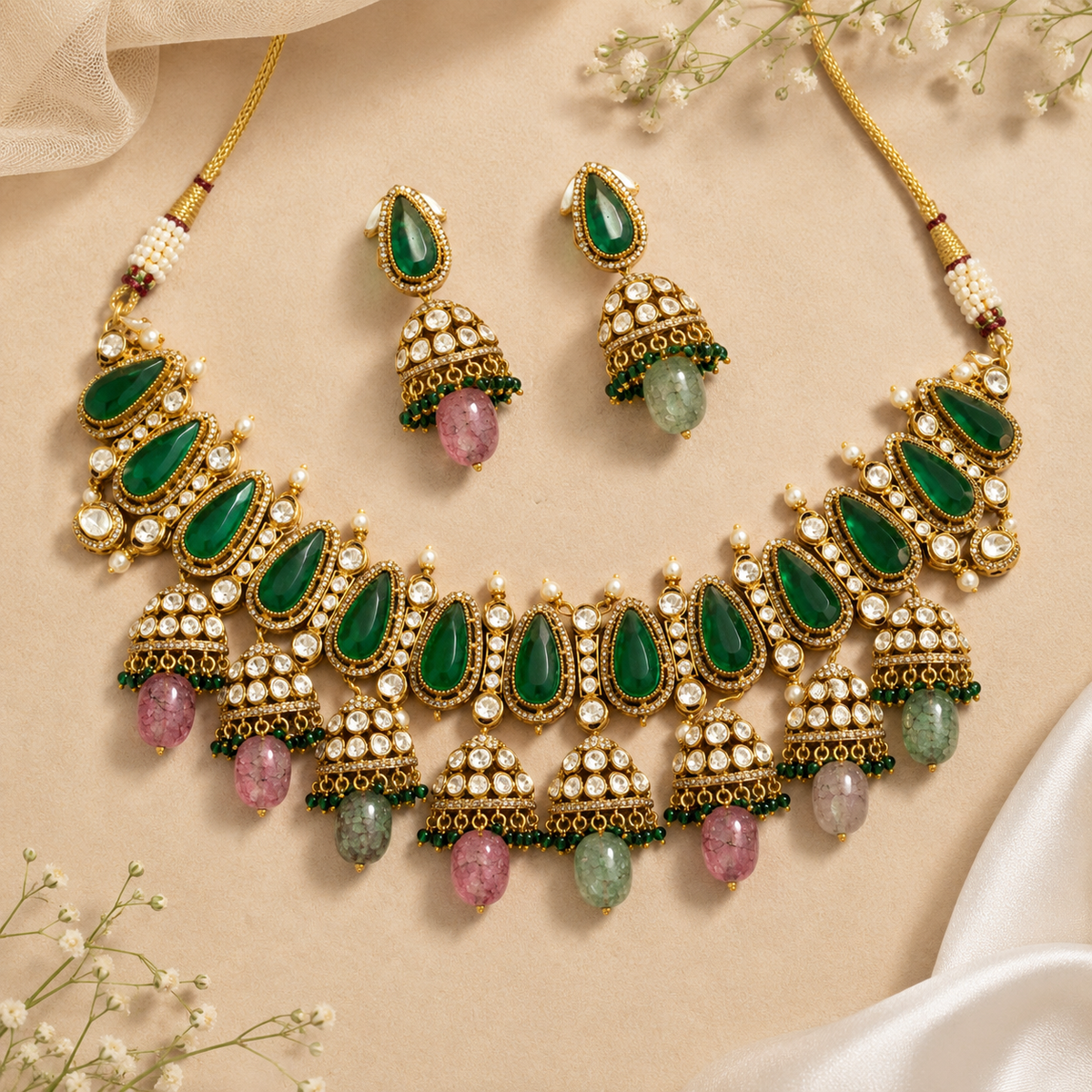 Emerald Jhumka Moissanite Necklace Set featuring a statement gold-plated necklace with deep green emerald-cut stones, sparkling moissanite detailing, pearl accents, and multicolour gemstone jhumka drops, paired with matching jhumka earrings.