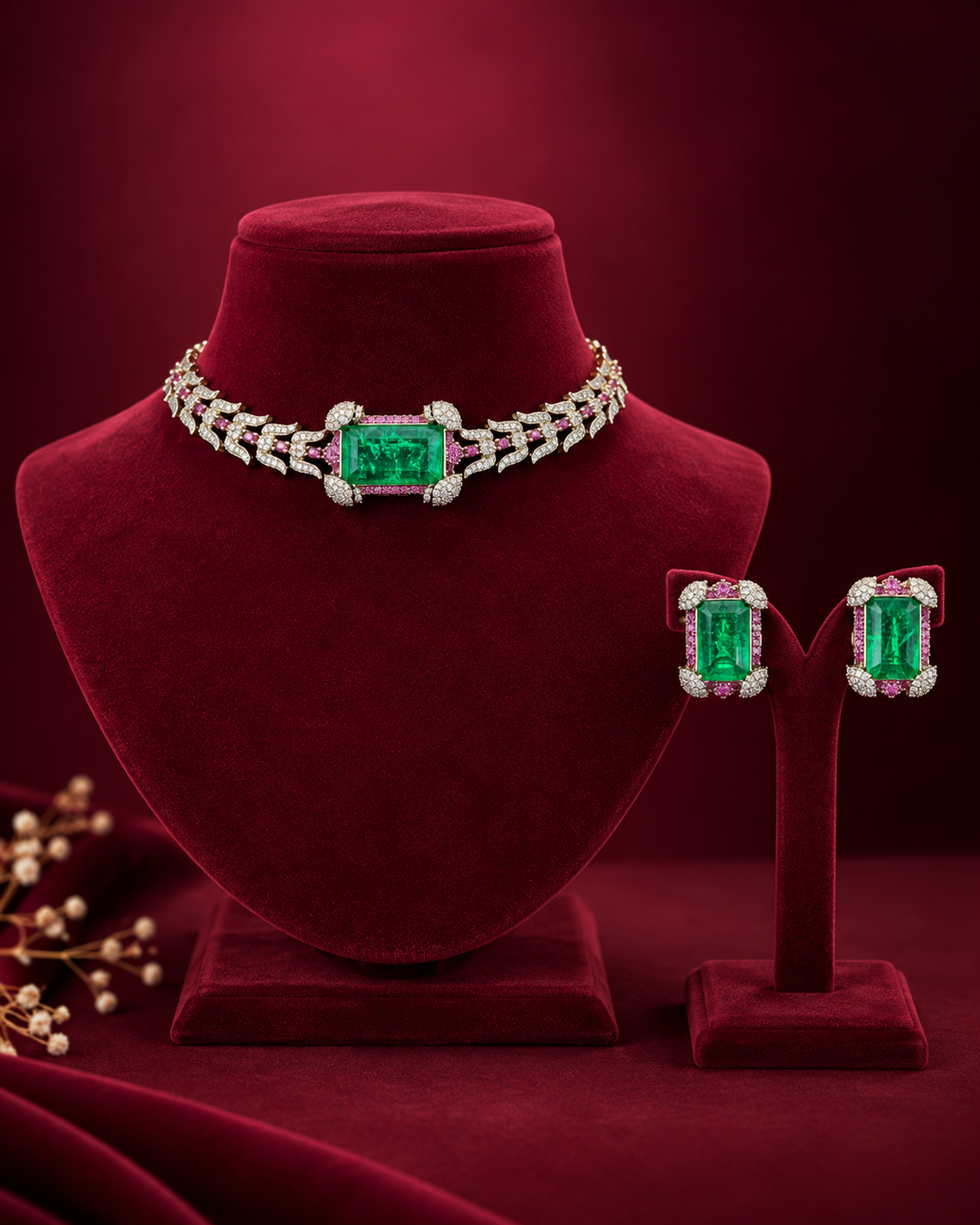 The Emerald Royale Pink Accent Choker Set features high-quality materials designed for durability and aesthetic appeal. Its precise craftsmanship ensures a consistent finish, suitable for formal and semi-formal occasions. The pink accent offers a subtle contrast, enhancing versatility in styling