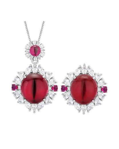 Oval Flower Red Gemstone Silver  Pendant Chain Ring Set