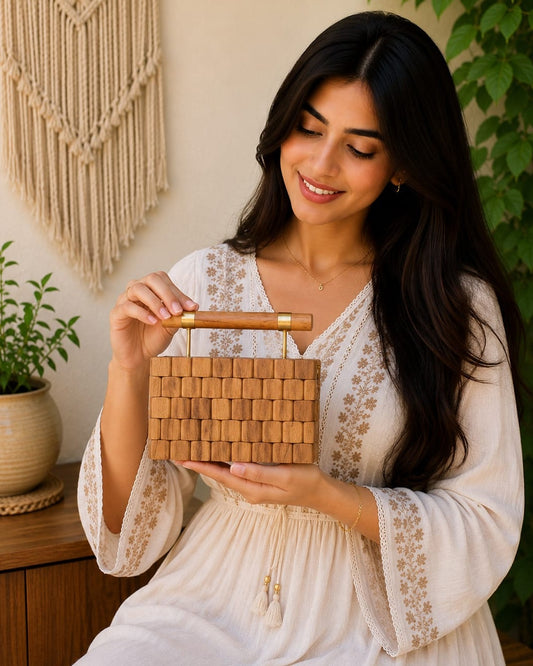Golden Bloom Wooden Clutch