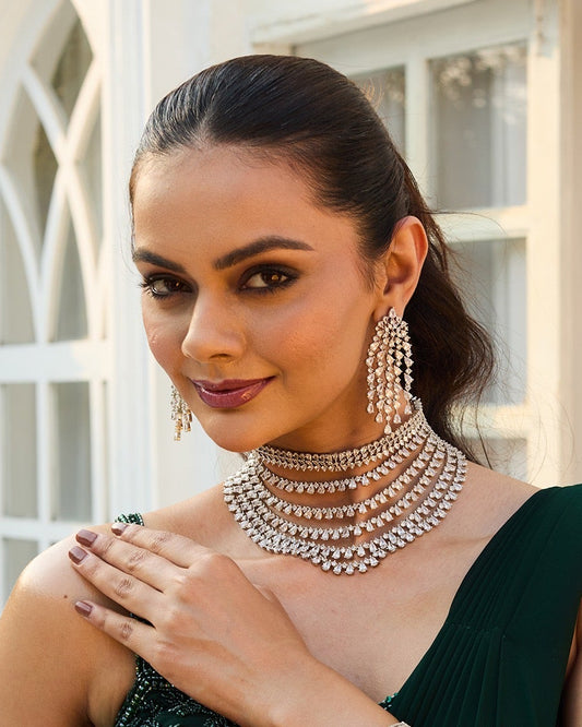 Forever Gleam Diamond Necklace set with sparkling diamond-like stones and matching earrings, featuring a luxurious design for weddings, bridal wear, parties, and special occasions.