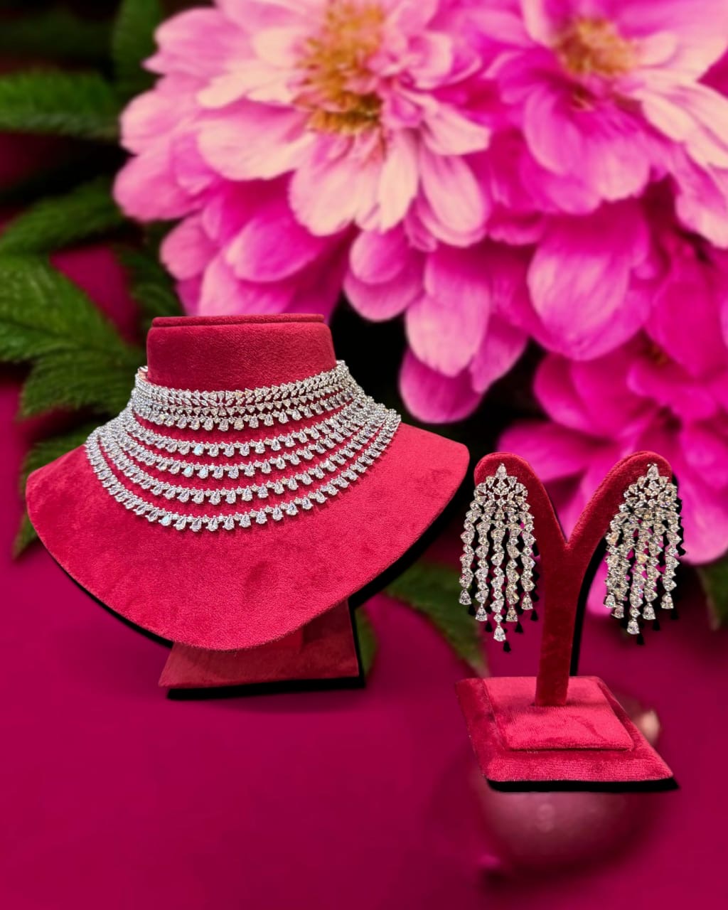 Forever Gleam Diamond Necklace set with sparkling diamond-like stones and matching earrings, featuring a luxurious design for weddings, bridal wear, parties, and special occasions.”