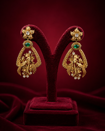a statement gold chandelier earring with emerald detailing and a shimmering gold off-shoulder dress against a luxurious maroon studio background.