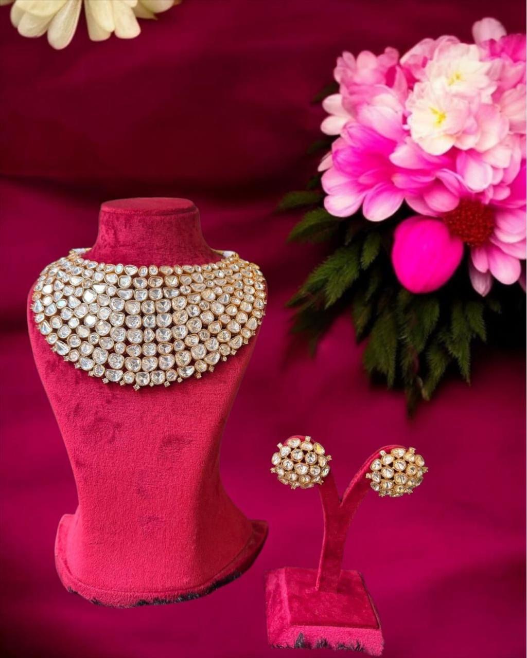 Golden Polki Beauty necklace set with matching earrings featuring handcrafted Polki stones and a luxurious gold finish, perfect for bridal and festive wear.”