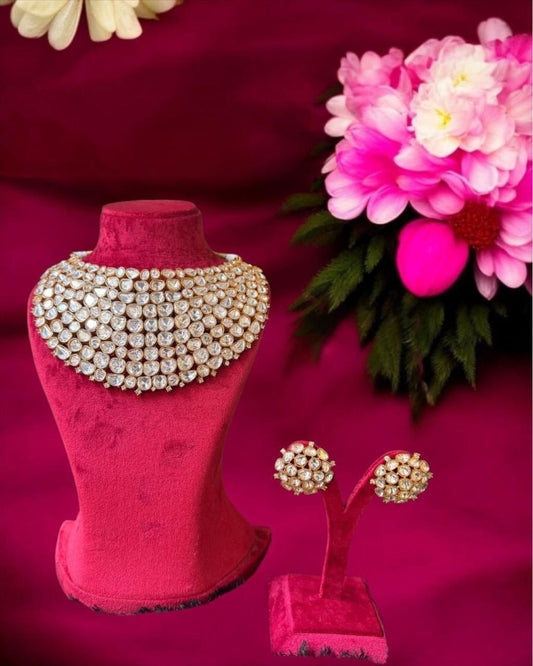 Golden Polki Beauty necklace set with matching earrings featuring handcrafted Polki stones and a luxurious gold finish, perfect for bridal and festive wear.”