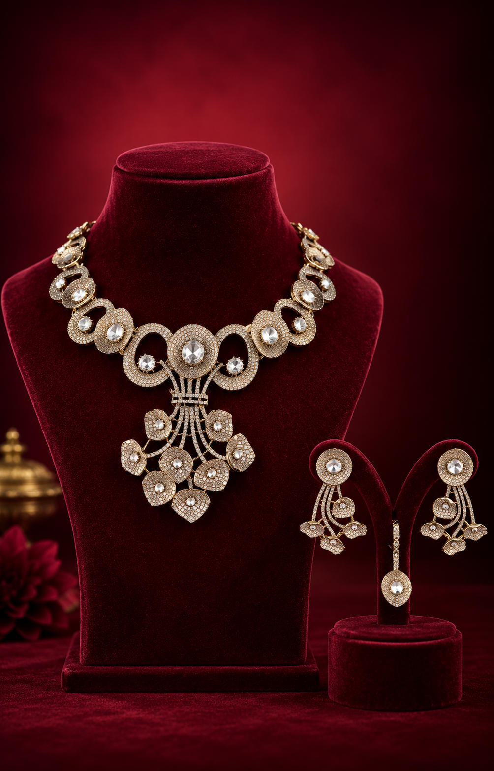 The Golden Polki Floral Necklace Set features handcrafted Polki stones, known for their uncut, natural clarity, arranged in a floral pattern. This design provides a classic aesthetic while maintaining durability suitable for formal occasions.