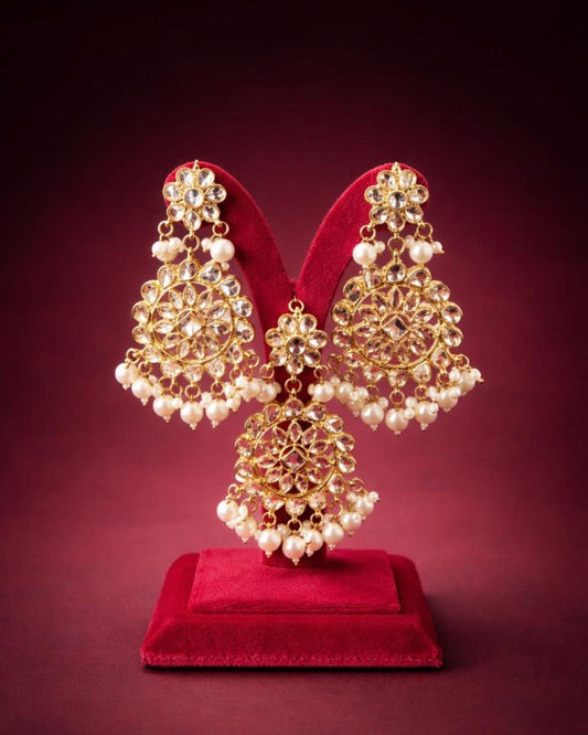 Chandrika Pearl Drop Earrings and Maang Tika Set